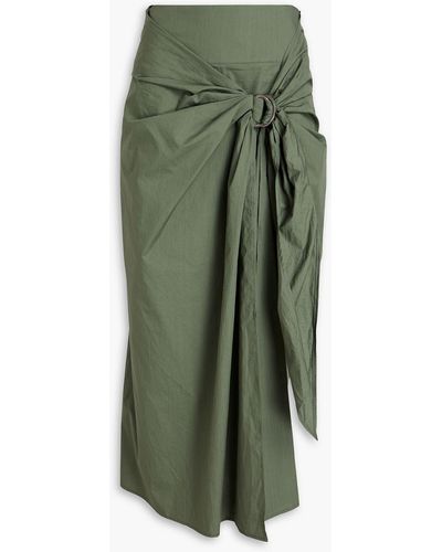 Brunello Cucinelli Belted Draped Cotton-poplin Midi Skirt - Green