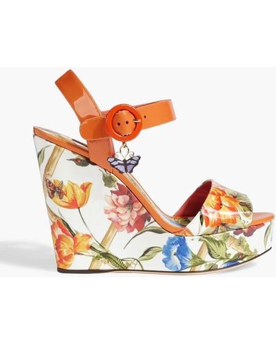 Dolce & Gabbana Floral-print Patent-leather Wedge Sandals - Orange
