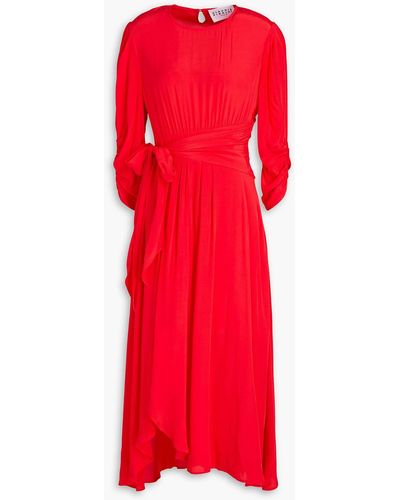 Claudie Pierlot Rousseau Belted Gathe Crepe De Chine Midi Dress - Red