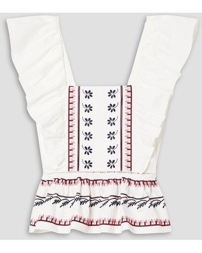 Lug Von Siga Jade Ruffled Shirred Embroidered Cotton-poplin Top - White