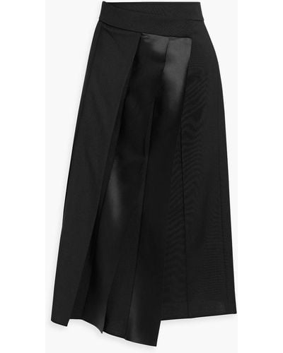 Brunello Cucinelli Pleated Satin-paneled Wool Midi Wrap Skirt - Black