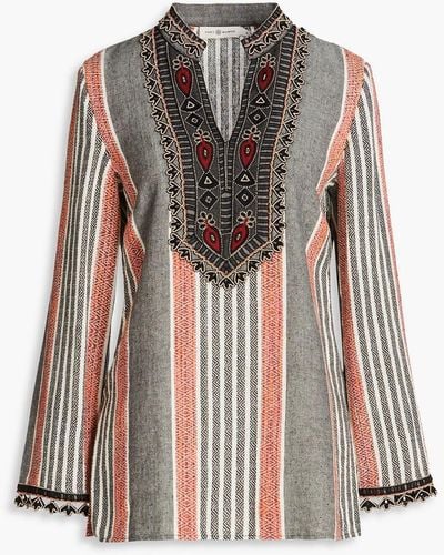 Tory Burch Bead-embellished Embroidered Cotton-blend Tunic - Grey