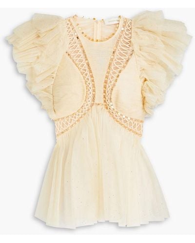 Zimmermann Embellished Ruffled Glittered Tulle Top - White