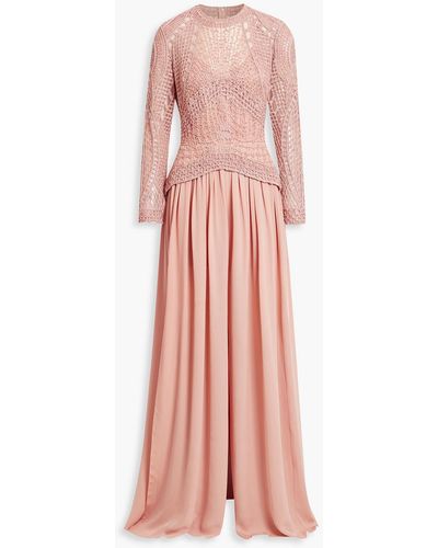 Elie Saab Embellished Tulle-paneled Silk-blend Crepe Wide-leg Jumpsuit - Pink
