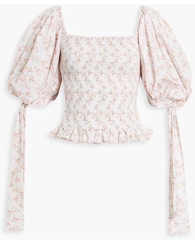 Caroline Constas Nora Shirred Floral-print Cotton-blend Poplin Top - White