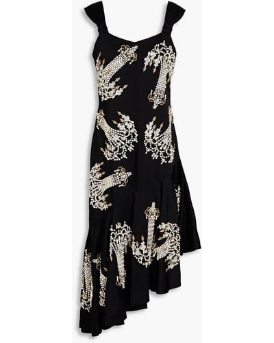 Moschino Asymmetric Embellished Satin Crepe Dress - Black