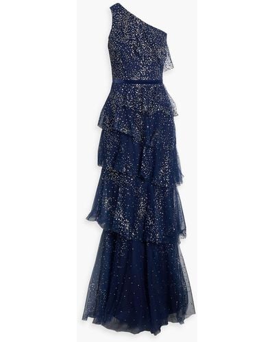 Marchesa One-shoulder Tiered Glittered Tulle Gown - Blue