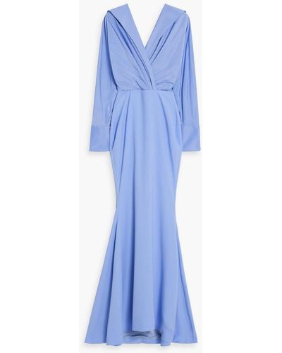 Rhea Costa Wrap-effect Draped Taffeta And Crepe Gown - Blue