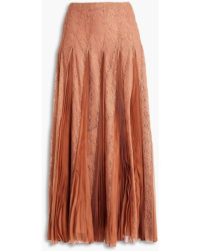 Valentino Garavani Lace-paneled Pleated Silk-chiffon Midi Skirt - Orange