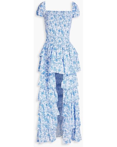 Caroline Constas Malta Tiered Shirred Floral-print Cotton-poplin Mini Dress - Blue