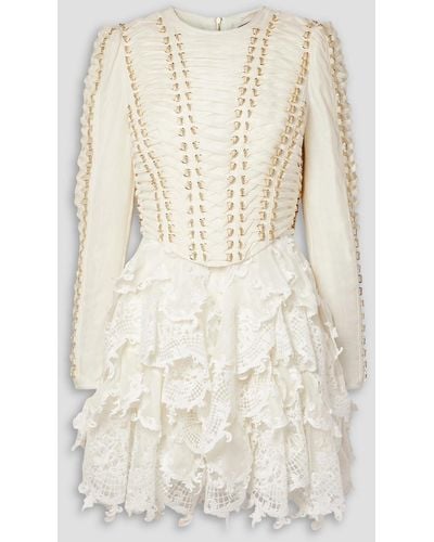 Zimmermann Ruffled Lace-paneled Embellished Linen And Silk-blend Mini Dress - Natural