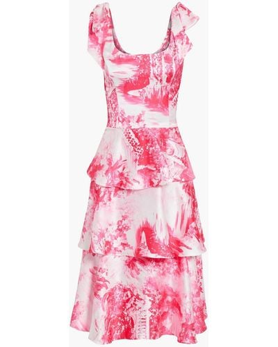 Marchesa Bow-embellished Tiered Printed Satin Dress - Pink