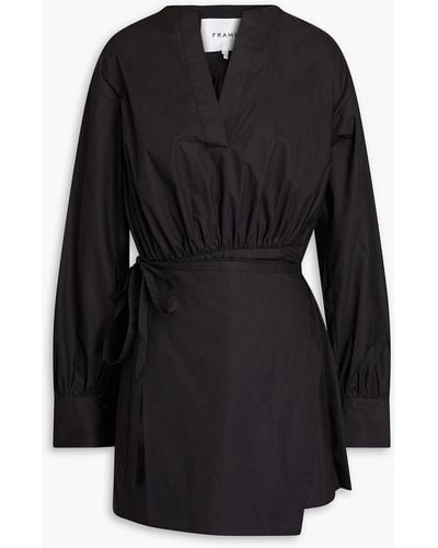 FRAME Wrap-effect Gathered Cotton-poplin Mini Dress - Black