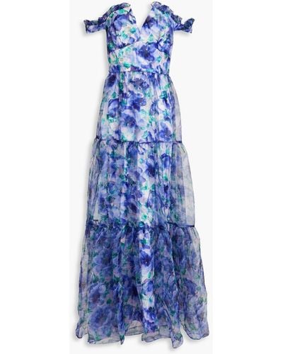 THEIA Off-the-shoulder Floral-print Crinkled Organza Gown - Blue