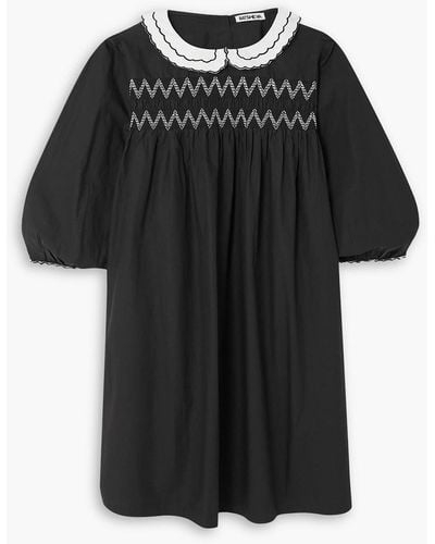 BATSHEVA Pauline Embroidered Smocked Cotton-poplin Mini Dress - Black