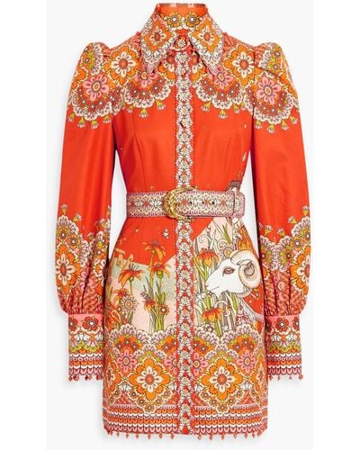 Zimmermann Embellished Belted Cotton And Silk-blend Mini Dress - Orange