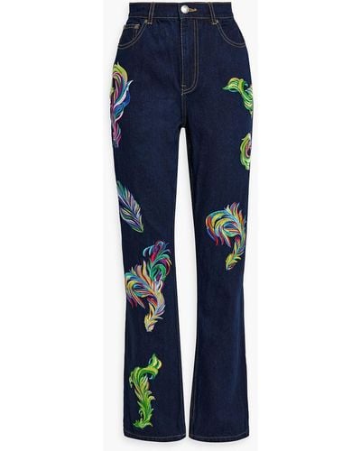 Area Embroidered Cutout High-rise Straight-leg Jeans - Blue