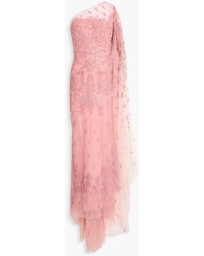 Zuhair Murad Drapierte robe aus tüll mit verzierung und asymmetrischer schulterpartie - Pink
