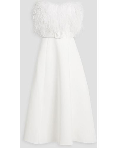 Badgley Mischka Strapless Belted Faux Feather-embellished Scuba Midi Dress - White