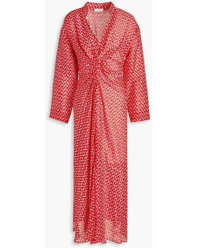 Sandro Elian Ruched Printed Linen And Silk-blend Midi Dress - Red