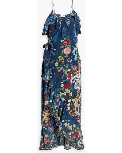 Camilla Ruffled Printed Silk Midi Wrap Dress - Blue