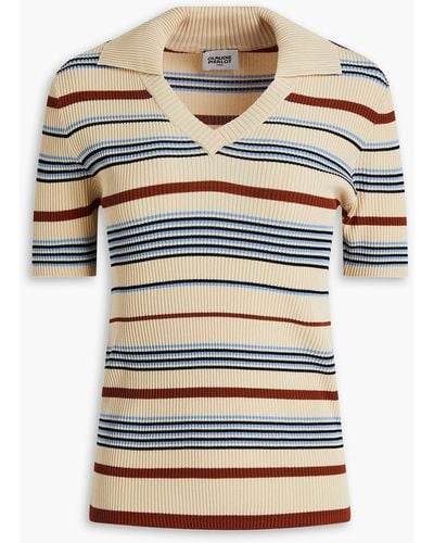 Claudie Pierlot Striped Ribbed-knit Polo Shirt - Natural