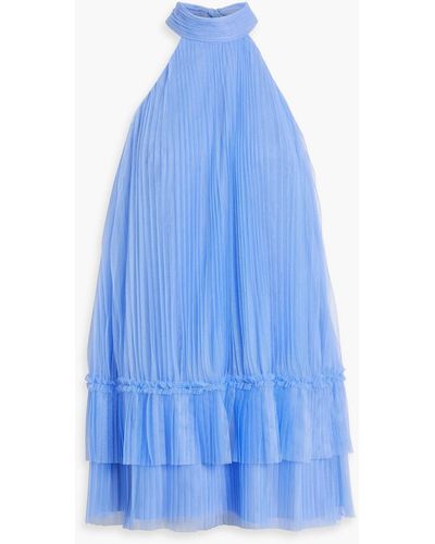 ML Monique Lhuillier Tiered Pleated Tulle Mini Dress - Blue
