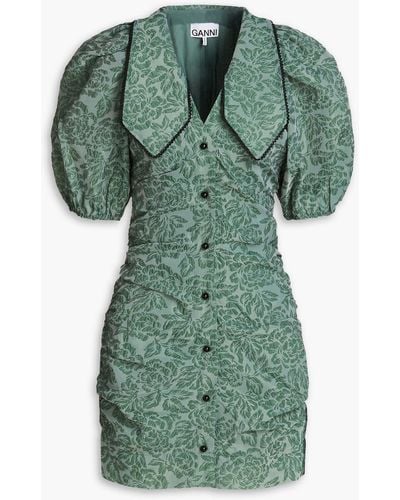 Ganni Ruched Cloqué-organza Mini Dress - Green
