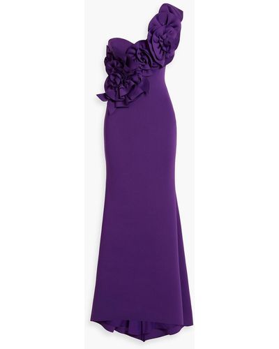 Badgley Mischka One-shoulder Appliquéd Scuba Gown - Purple