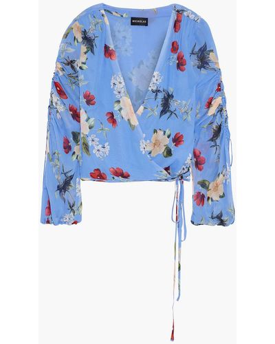 Nicholas Ruched Floral-print Silk-georgette Wrap Top - Blue