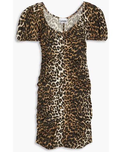Ganni Ruched Leopard-print Cotton Mini Dress - Multicolour