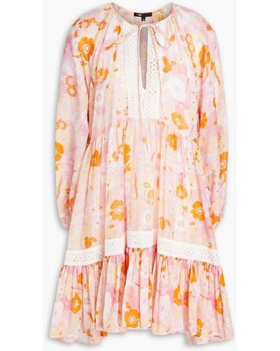 Maje Gathered Floral-print Cotton And Silk-blend Mousseline Mini Dress - Pink