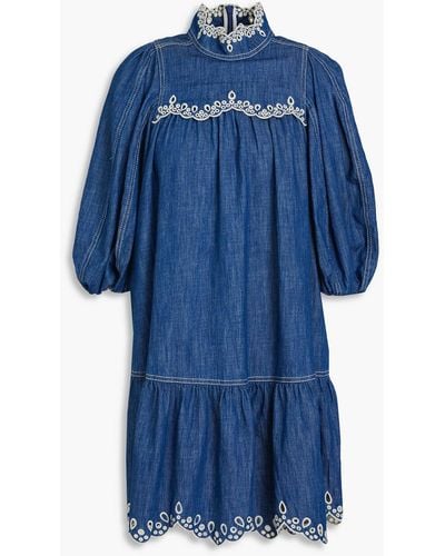 Zimmermann Broderie Anglaise-trimmed Denim Mini Dress - Blue