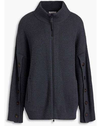 Brunello Cucinelli Bead-embellished Ribbed Cashmere Zip-up Sweater - Blue