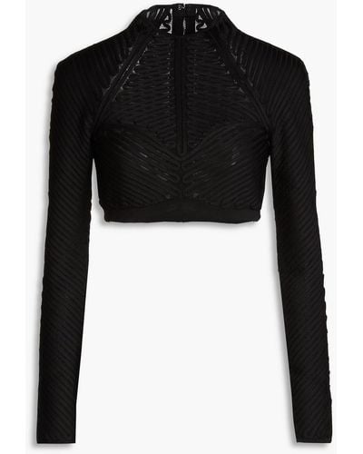 Hervé Léger Cropped Knitted And Mesh Top - Black