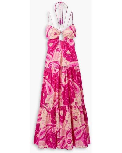 FARM Rio Cutout Tiered Floral-print Cotton-voile Halterneck Maxi Dress - Pink