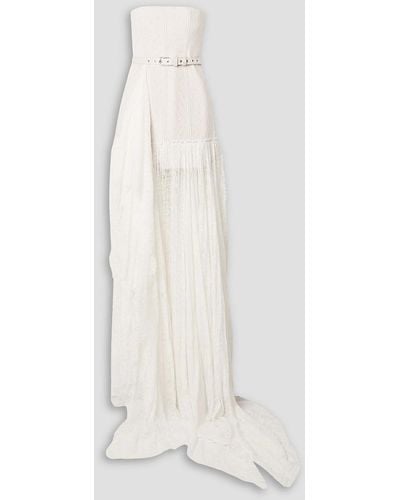 Danielle Frankel Delphine Strapless Belted Corded Lace Gown - White