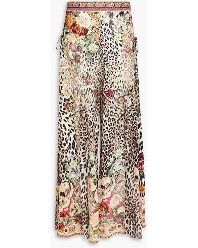 Camilla Printed Voile-paneled Silk Crepe De Chine Wide-leg Trousers - Natural