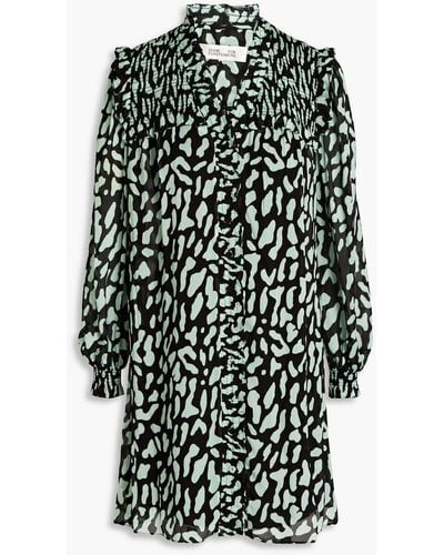 Diane von Furstenberg Layla Shirred Leopard-print Georgette Mini Dress - Black