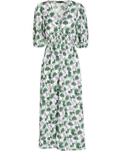 Maje Romantica Shirred Floral-print Slub Woven Midi Dress - Green