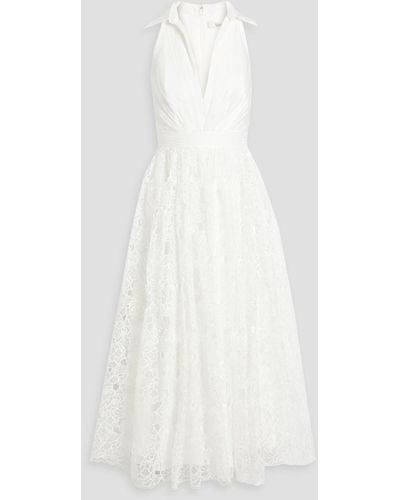 Badgley Mischka Crepon-paneled Guipure Lace Midi Dress - White