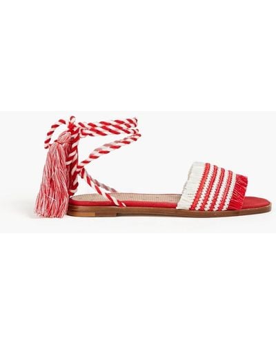Red(V) Tasselled Striped Faux Raffia Sandals - Red