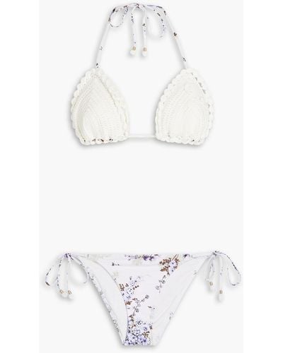 Zimmermann Floral-print Crocheted Triangle Bikini - White