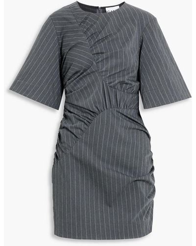 Ganni Ruched Pinstriped Stretch-jacquard Mini Dress - Gray