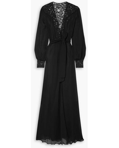 Loretta Caponi Celia Belted Corded Lace-paneled Silk-georgette Robe - Black