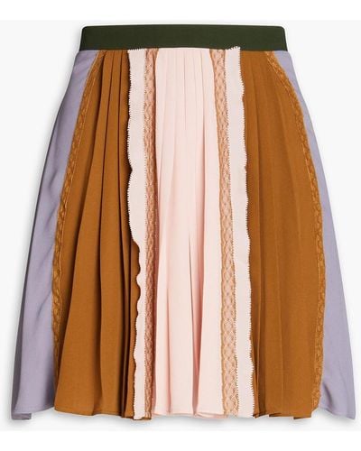 Valentino Garavani Chantilly Lace-paneled Pleated Silk-crepe Mini Skirt - Brown