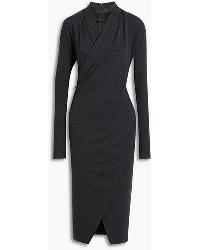 Brunello Cucinelli Wrap-effect Bead-embellished Wool-blend Jersey Dress - Black