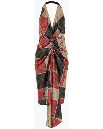 Halpern Draped Sequined Tulle Halterneck Midi Dress - Natural