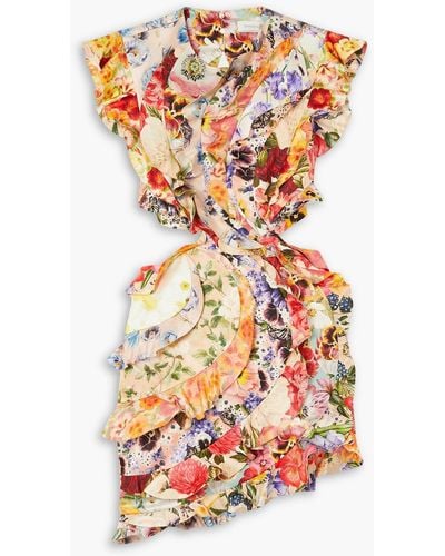 Zimmermann Open-back Ruffled Floral-print Linen And Silk-blend Mini Dress - White