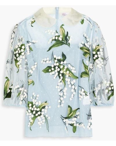 RED Valentino Embroidered Floral-print Point D'espirit Blouse - Blue